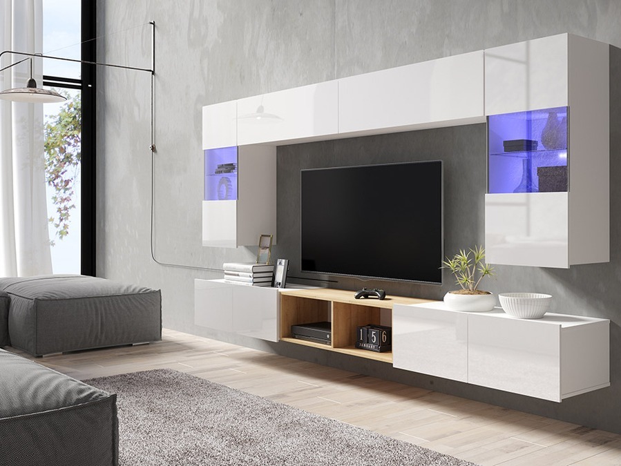 Set za dnevnu sobu Tivdalu 144 (Belo + Sjajno belo + Zlatni hrast)