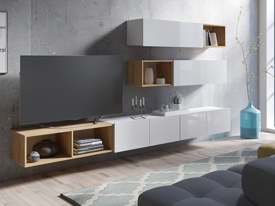 Set za dnevnu sobu Tivdalu 145 (Belo + Sjajno belo + Zlatni hrast)