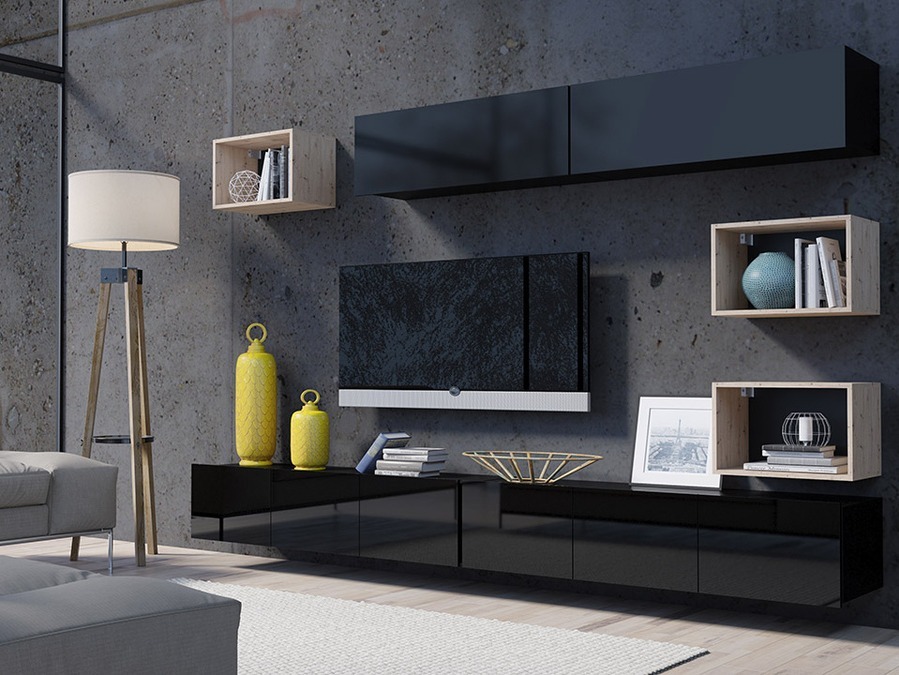 Set za dnevnu sobu Tivdalu 151 (Crno + Sjajno crna + Artisan hrast)