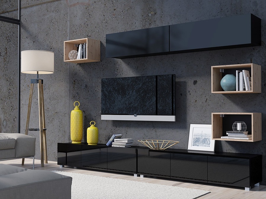 Set za dnevnu sobu Tivdalu 151 (Crno + Sjajno crna + Artisan hrast)