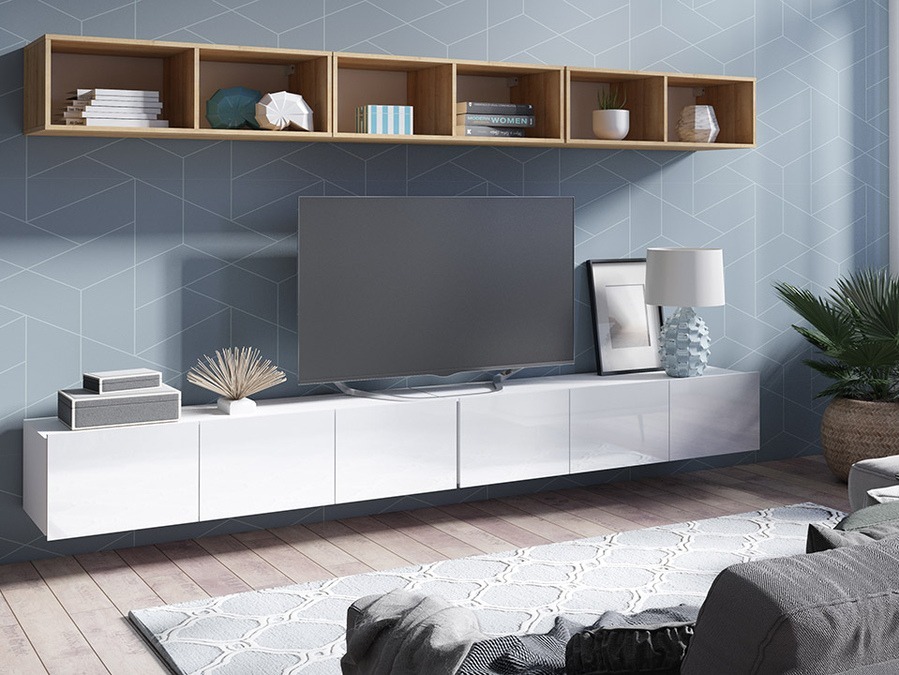 Set za dnevnu sobu Tivdalu 153 (Belo + Sjajno belo + Zlatni hrast)